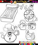 Coloring Book or Page Cartoon Illustration Set of Black and White Sayings or Proverbs for Children