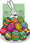 Cartoon Illustration of Cute Easter Bunny in Paschal Eggs Heap