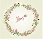 Decorative wreath of pink flowers, leaves and bird