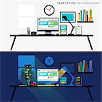 Office Day and Night. Flat design desk layout. Vector illustration.