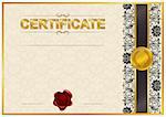 Elegant template of certificate, diploma with lace ornament, wax seal, place for text. Vector illustration EPS 8.