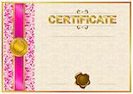 Elegant template of certificate, diploma with lace ornament, wax seal, place for text. Vector illustration EPS 8.