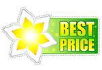 spring best price banner - text in 3d green label with white yellow flowers, business concept