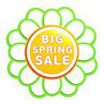 big spring sale banner - 3d green orange flower label with white text, business concept