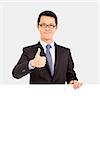 businessman holding white board and thumb up