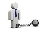 Concept of debt. Illustration of a person with tie chained to iron ball.