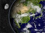 East Asia region on planet Earth from space with Moon and stars in the background. Elements of this image furnished by NASA.
