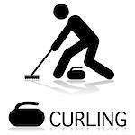 Icon showing a person curling as well as a rock beside the word curling.