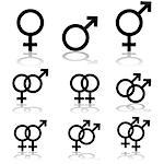 Icon set showing signs for males, females and transgendered people, and the relationships between them