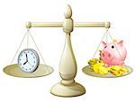 Time money balance scales, with a clock representing time on one side and a piggy bank on the other. Could represent work life balance or making best use of time, working smarter not harder.
