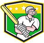 Illustration of a cricket player batsman with bat batting set inside shield done in cartoon style on isolated background.