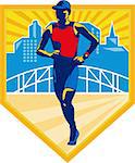 Illustration of marathon triathlete runner running with urban buildings and bridge in background set inside shield done in retro style.