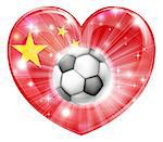 China soccer football ball flag love heart concept with the Chinese flag in a heart shape and a soccer ball flying out