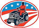 Illustration of American male gardener mowing riding on ride-on lawn mower with stars and stripes flag set inside oval done in retro woodcut style.