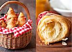 Fresh croissants in a basket from bakery and tasty French croissant close-up. Collage.