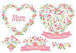 Happy mother's day, floral heart wreath, set of vector design elements for cards