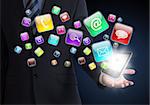 Man in suit holding a smartphone in hand. Application icons around smartphone. The concept of software