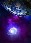 Earth planet and the spiral galaxy. Elements of this image are furnished by NASA