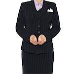 Woman in suit holding his hands before him. Crop