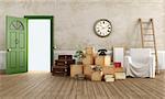 Vintage interior with cardboard boxes, scale, suitcase, armchair and books, ready for the move - rendering