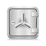 Icon of metal safe with key lock on white background