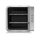 Open safe with spider and cobweb on white background
