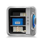 Open safe with cash on white background