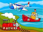 Cartoon Illustration of Funny Plane and Train and Ship Transport Comic Characters Group