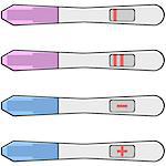 Cartoon illustration showing two types of pregnancy tests with positive and negative results