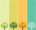 Vector banners of trees with green, yellow and orange leaves. Tree without leaves at winter.