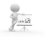 3d people - man, person pointing a flipchart with a drawing - house and family