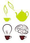 coffee cup with bulb and brain, tea with green leaf, set of vector drawings