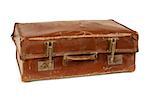 Photo of an old leather suitcase over a white background.