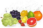 Fresh healthy fruit background with splashing water