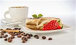 italian desert tiramisu with coffe and strawberry on white background