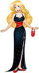 Vector illustration of a blond woman in black evening dress.