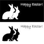 Monochrome silhouette of two Easter bunny rabbits. Design Easter uncolored card. Vector-art illustration