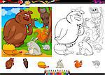 Cartoon Illustration of Cute Forest Wild Animals Group for Coloring Book with Elements Set