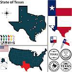 Vector set of Texas state with flag, coat of arms and icons on white background