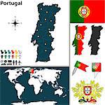 Vector map of Portugal with regions, coat of arms and location on world map