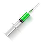 Medical syringe with green liquid isolated on white background