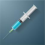 Medical syringe with blue liquid on blue background