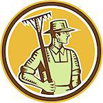 Illustration of organic farmer with rake facing side set inside circle done in retro woodcut style.