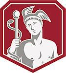 Illustration of Roman god Mercury wearing winged hat holding caduceus a herald's staff with two entwined snakes looking to side set inside shield on isolated background done in retro style.