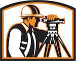 Illustration of a surveyor geodetic engineer with theodolite instrument surveying viewed from side done in retro style.
