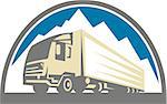 Illustration of a truck lorry done in retro style with mountains in the background set inside half circle shape on isolated background.