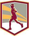 Illustration of marathon triathlete runner running set inside shield crest on isolated background done in retro style.