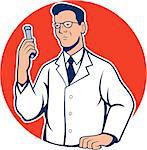 Illustration of scientist laboratory researcher chemist holding test tube done in cartoon style.