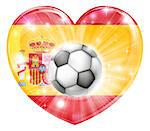 Spain soccer football ball flag love heart concept with the Spanish flag in a heart shape and a soccer ball flying out