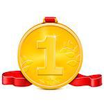 Gold Medal With Red Ribbon. Vector Illustration.
